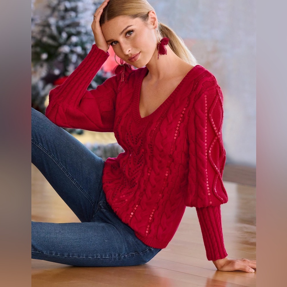 Boston Proper Red Sequin Cable V Neck Sweater Size xl Christmas holiday‎ Winter